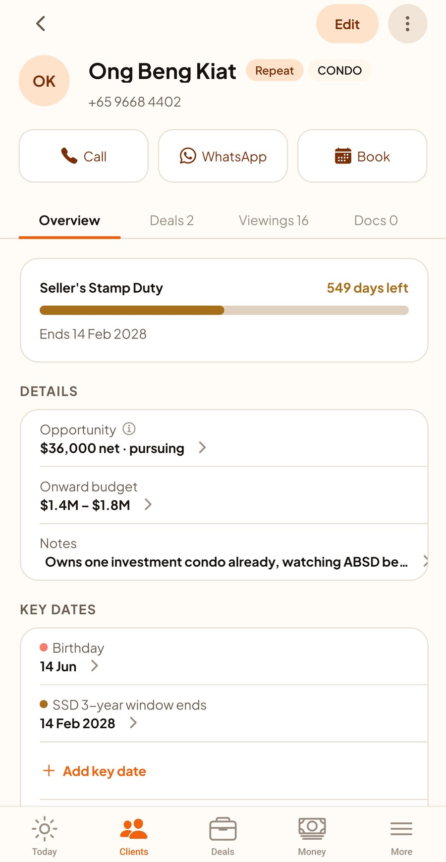 A client record in the Propoa app: the client’s name and tags, a stamp-duty countdown, their opportunity and onward budget, the note from the last conversation, and their key dates.