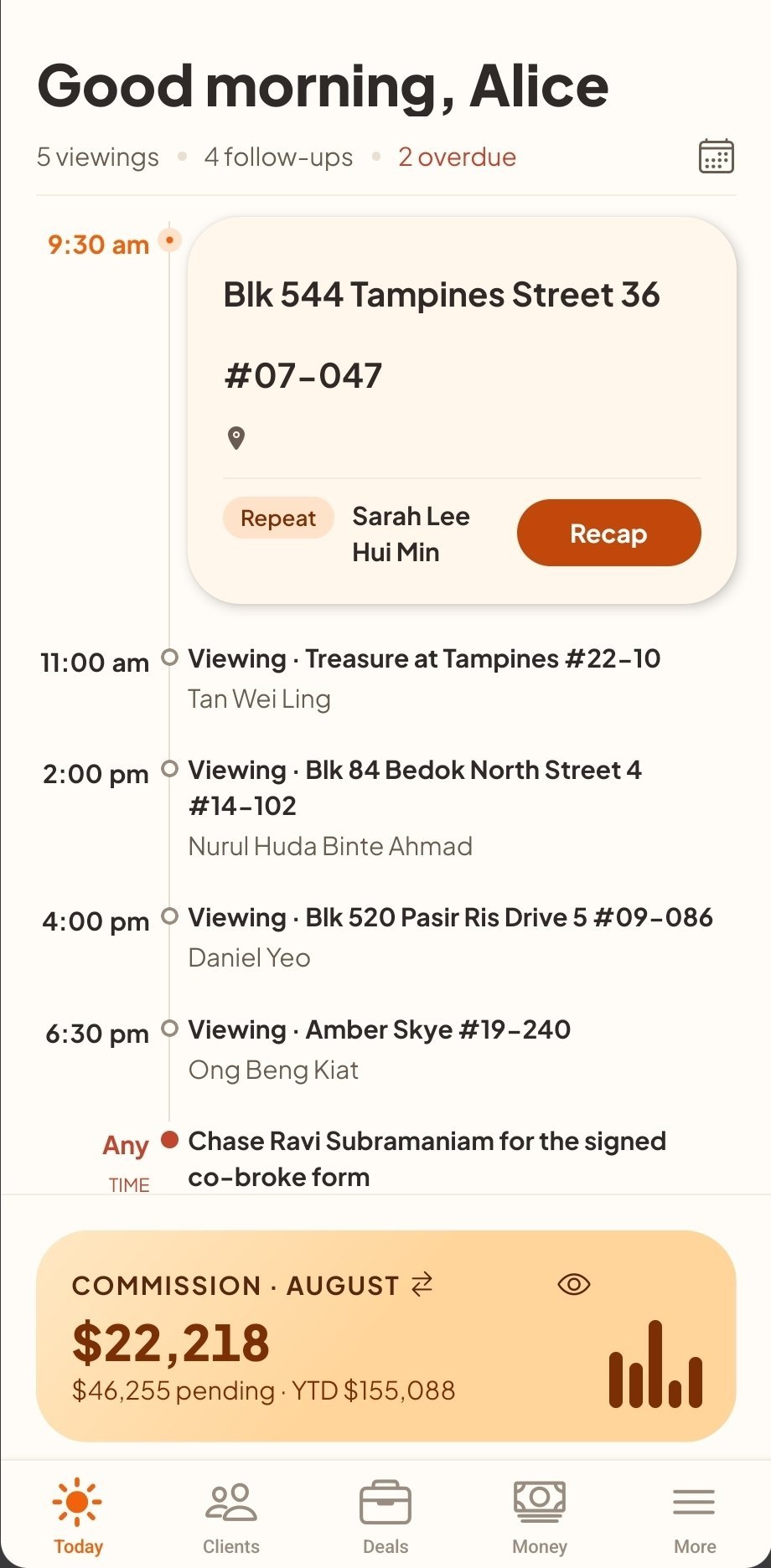 The Propoa app’s Today screen: a morning greeting, the day’s viewings on a timeline, and the month’s commission so far.