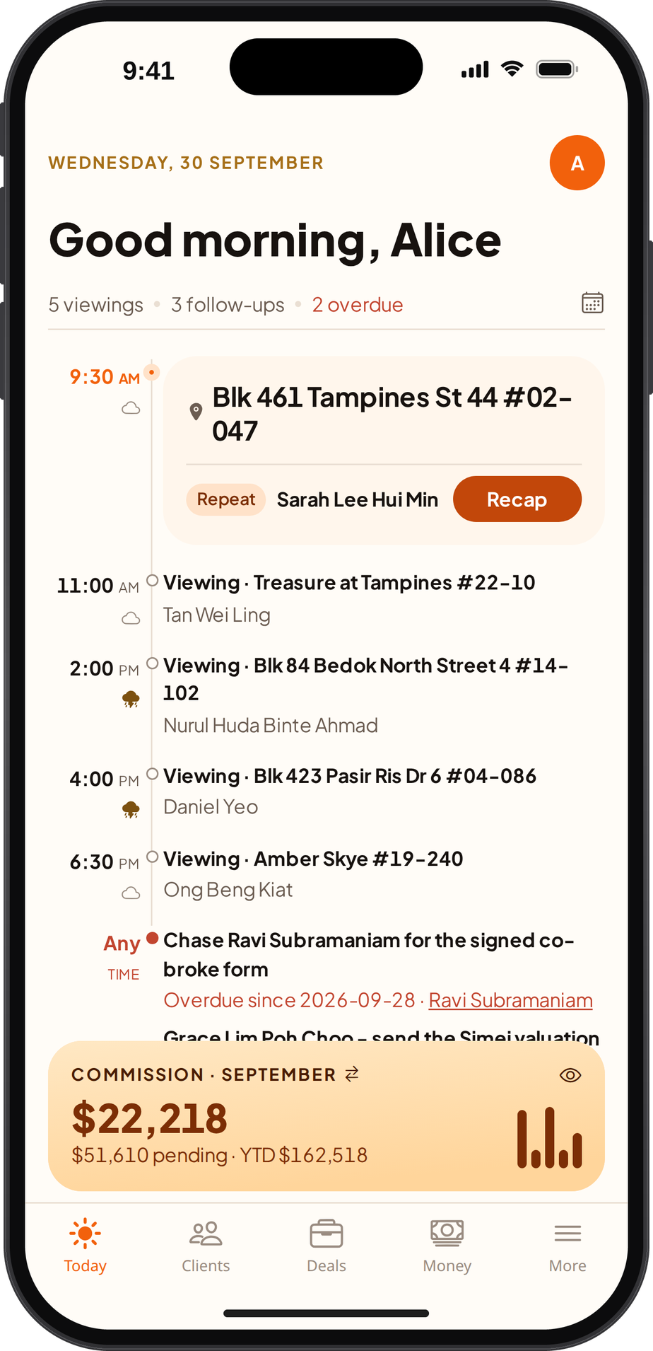 The Propoa app’s Today screen on an iPhone: a morning greeting, the day’s viewings on a timeline, and the month’s commission so far.